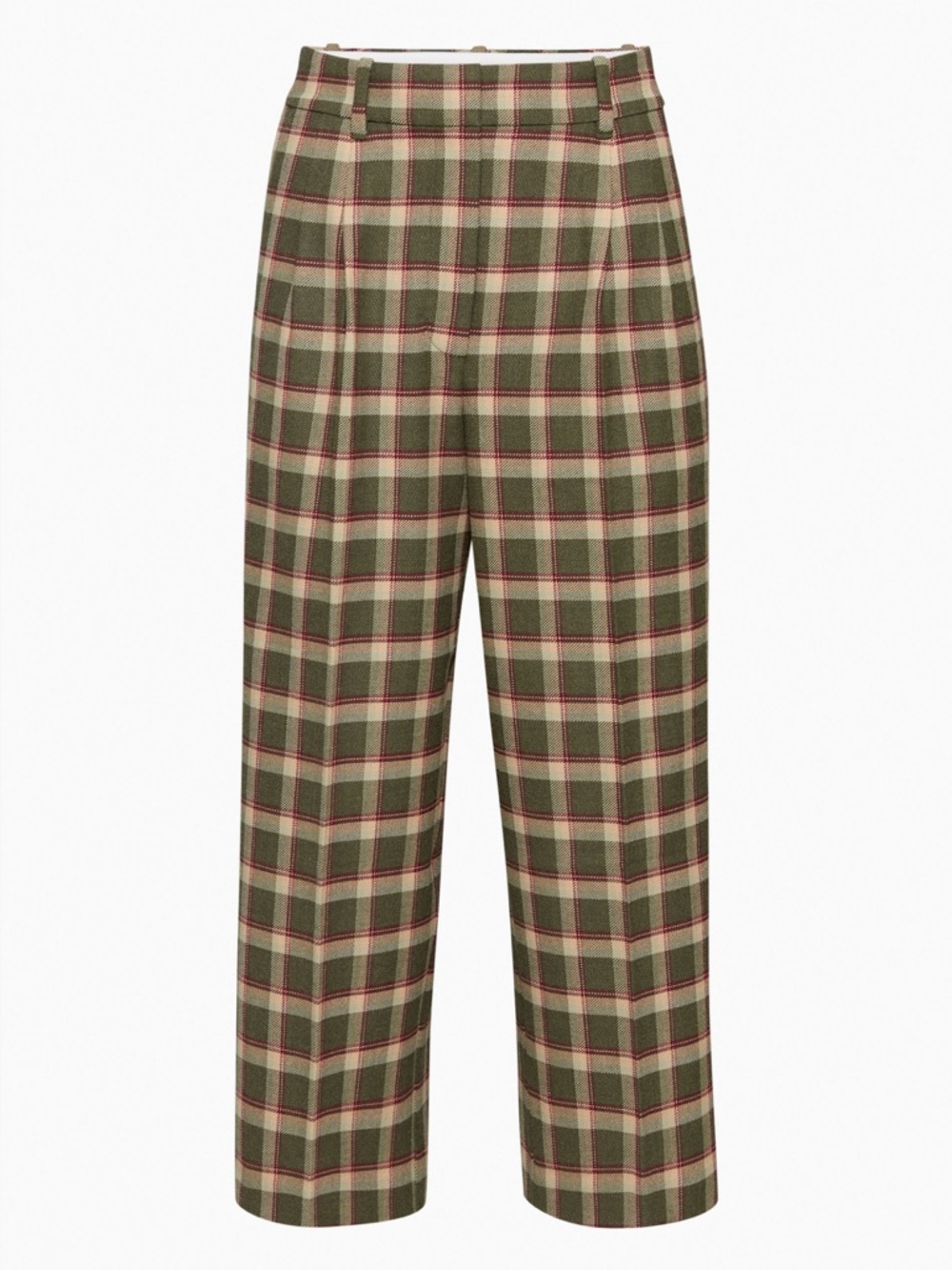 Aritzia EFFORTLESS TALL CROP PANT in Marisol Beige Tan and Maroon Plaid